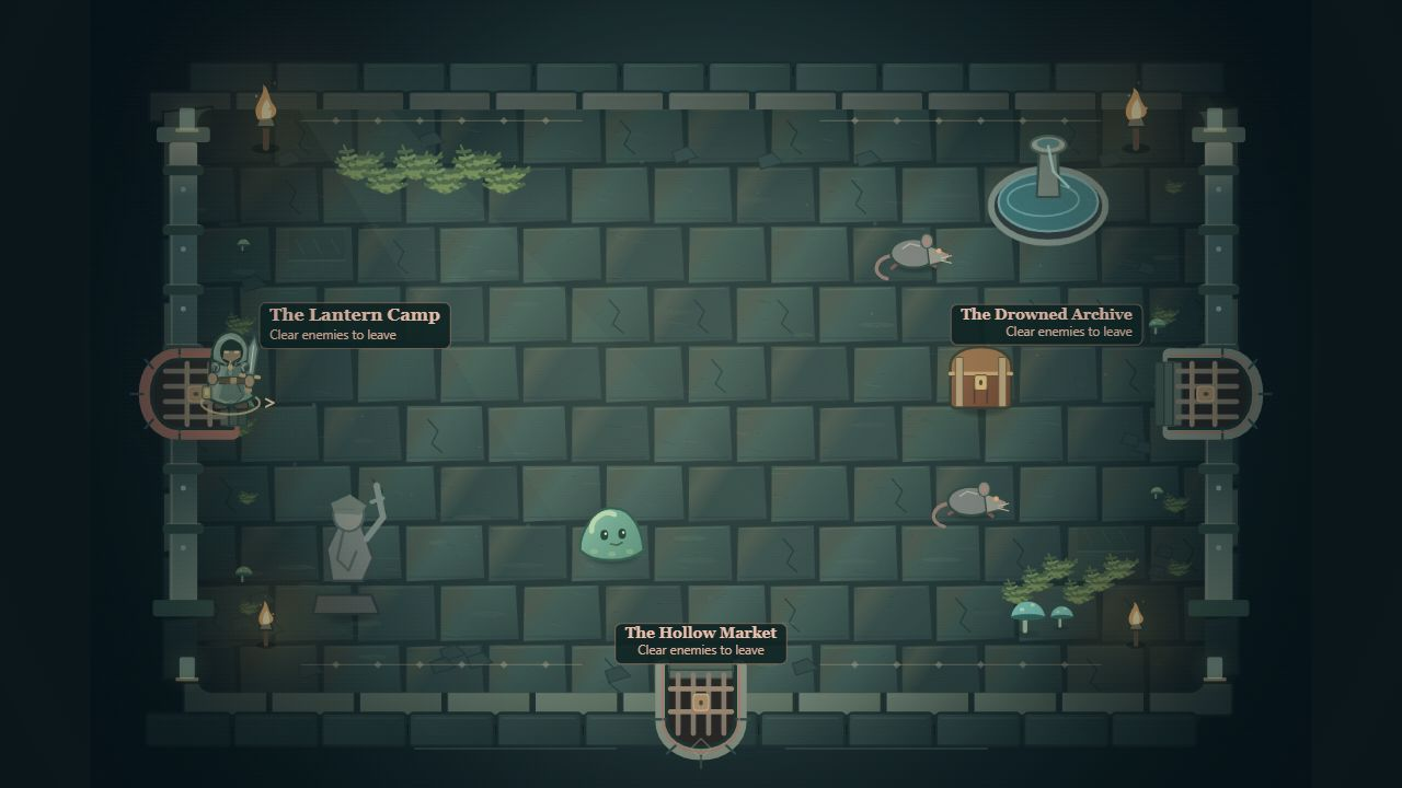 The Wayfarer, dungeon guardians, and a treasure chest in Hollowtown gameplay.
