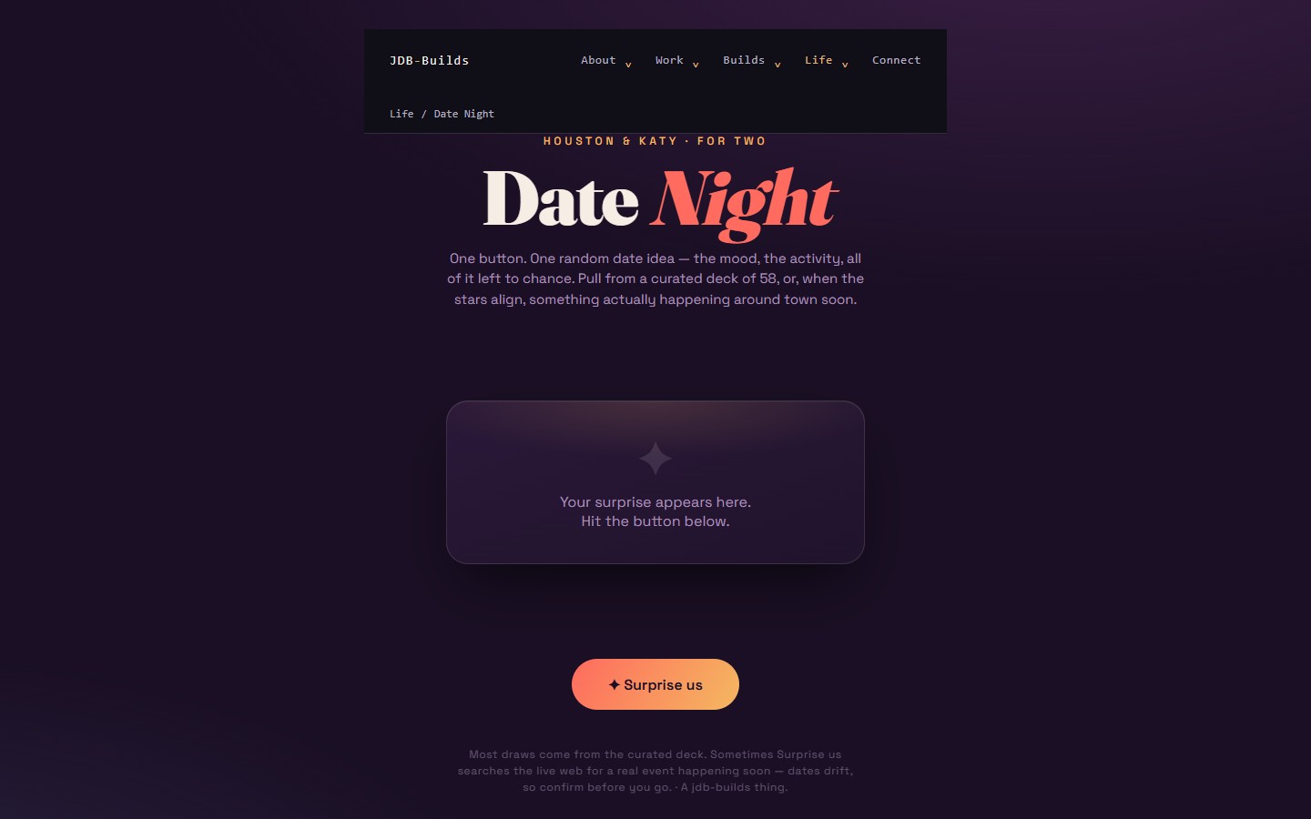 The Date Night surprise-card page for Houston and Katy.